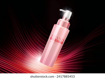 Cosmetic product on red wave background . luxury composition . Product presentation, mock up, show cosmetic product . Vector illustration.