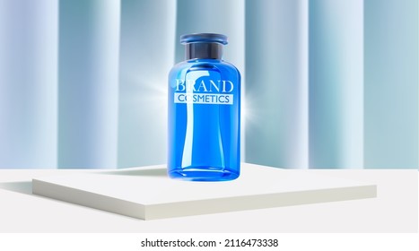 Cosmetic product on stage with blue curtain , body lotion, poster template mockup for promoting your brand. 