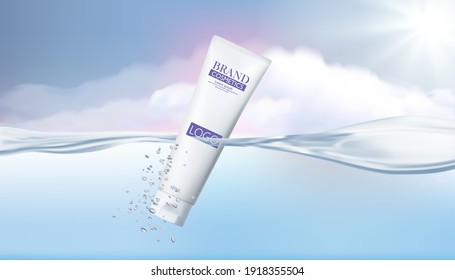 Cosmetic product on water surface and sunset background, perfume or makeup cosmetics, advertising.3D vector illustration.