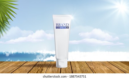 cosmetic product on wooden tabletop with blurred sea background. palm leaf.