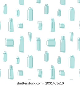 Cosmetic product package icon seamless pattern - bottle, jar, plastic container for beauty industry. Vector stock illustration outline with abstract background for web design, packaging, spa. EPS10