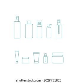 Paquete de productos cosméticos conjunto de iconos - frasco, frasco, contenedor de plástico para la industria de la belleza. Ilustración de material vectorial aislada en fondo blanco para diseño web, embalaje, salón de spa. EPS10