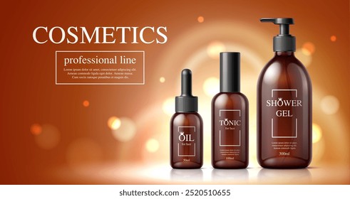 Plantillas del paquete del producto cosmético. Gel de ducha, aceite para el cabello y frascos tónicos faciales. Elegante línea de embalaje profesional que muestra cosméticos de alta calidad y artículos de cuidado personal con un diseño lujoso