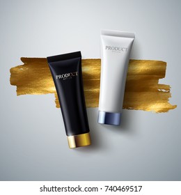 Cosmetic product packaging design. Black and white cream tubes with glossy golden and silver caps on golden paint background. Vector cosmetics illustration. Skincare or beauty fashion mockup concept