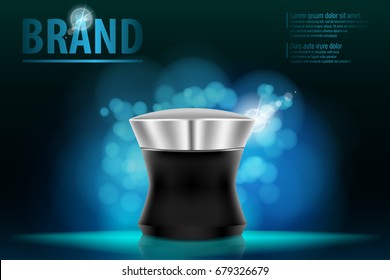 Cosmetic product packaging design concept for premium brand in dark blue bokeh background. Cream contained, ads, black makeup bottle template. Vector 3D illustration.