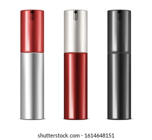 Cosmetic product packaging, realistic mock-up. Spray or pump dispenser bottle. Vector template for design. Color set. Easy to recolor.