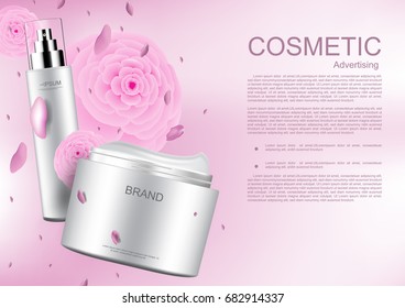 Cosmetic product and pink camellia on pink background