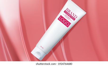 Cosmetic product with Pink color face cream lotion moisturizer smear.Skincare cosmetic.Face creme, mask, creamy skin care product texture. Top view.3D vector illustration.