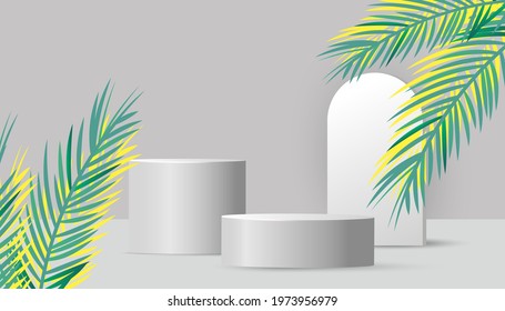 Cosmetic product podium, branding and packaging presentation with green tropical palm leaves isolated on grey background. Vector illustration