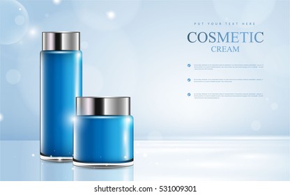 afiche de producto cosmético, diseño de envase de botellas azules con crema hidratante o líquido, fondo brillante con polka brillante, diseño vectorial.