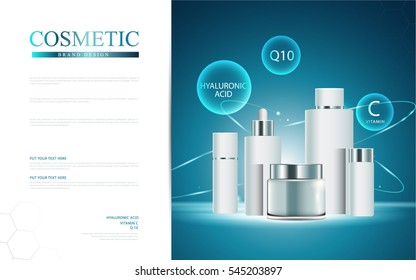 cosmetic product poster, blue bottle package design with moisturizer cream or liquid, sparkling background with glitter polka, vector design.