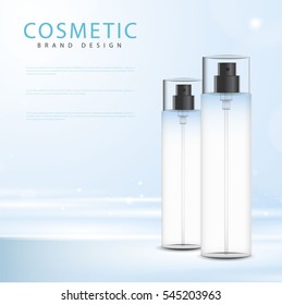 cosmetic product poster, blue bottle package design with moisturizer cream or liquid, sparkling background with glitter polka, vector design.