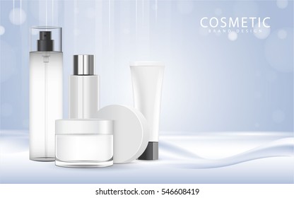 cosmetic product poster, blue bottle package design with moisturizer cream or liquid, sparkling background with glitter polka, vector design.