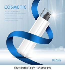cosmetic product poster, blue bottle package design with moisturizer cream or liquid, sparkling background with glitter polka, vector design.