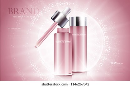 cosmetic product poster, bottle package design with moisturizer cream or liquid, sparkling background with glitter polka, vector design.