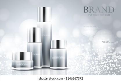 cosmetic product poster, bottle package design with moisturizer cream or liquid, sparkling background with glitter polka, vector design.