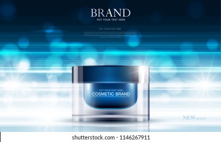 cosmetic product poster, bottle package design with moisturizer cream or liquid, sparkling background with glitter polka, vector design.