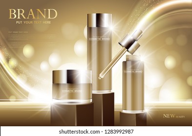 Cosmetic product poster, bottle package design with moisturizer cream or liquid, sparkling background with glitter polka, vector design. 