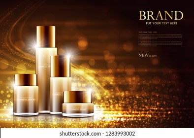 Cosmetic product poster, bottle package design with moisturizer cream or liquid, sparkling background with glitter polka, vector design. 