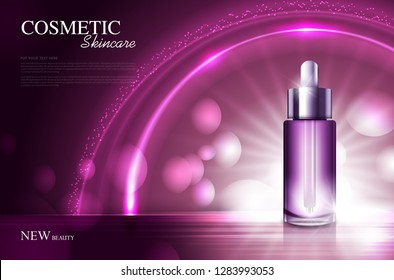 Cosmetic product poster, bottle package design with moisturizer cream or liquid, sparkling background with glitter polka, vector design. 