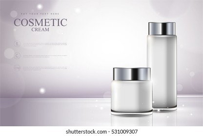 Cosmetic Product Poster, Bottle Package Design With Moisturizer Cream Or Liquid, Sparkling Background With Glitter Polka, Vector Design.