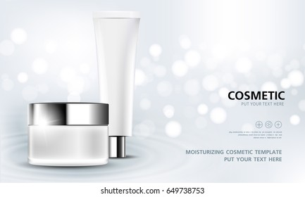 cosmetic product poster, bottle package design with moisturizer cream or liquid, sparkling background with glitter polka, vector design.