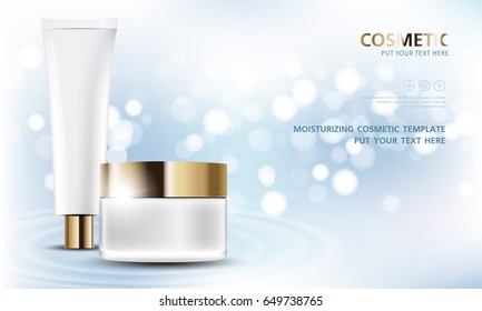 cosmetic product poster, bottle package design with moisturizer cream or liquid, sparkling background with glitter polka, vector design.