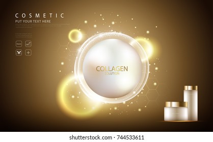 cosmetic product poster,  bottle package design with collagen cream or liquid, sparkling background with glitter polka, vector design.