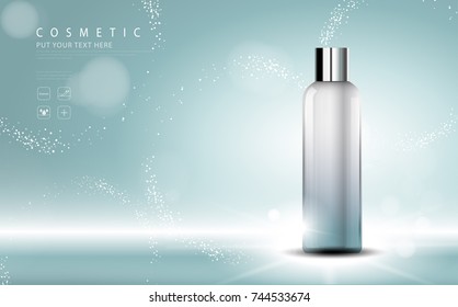 cosmetic product poster,  bottle package design with moisturizer cream or liquid, sparkling background with glitter polka, vector design.