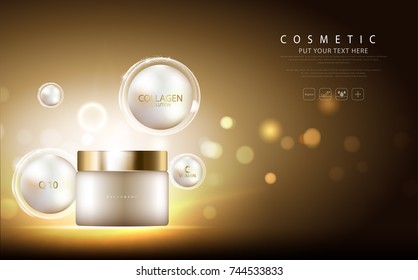 cosmetic product poster,  bottle package design with collagen cream or liquid, sparkling background with glitter polka, vector design.