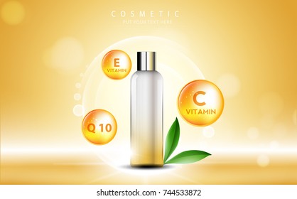 cosmetic product poster, bottle package design with moisturizer and vitamins cream or liquid, sparkling background with glitter polka, vector design.