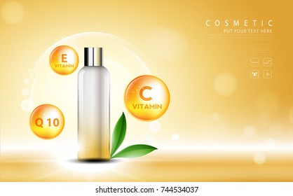 Cosmetic Product Poster, Bottle Package Design With Moisturizer And Vitamins Cream Or Liquid, Sparkling Background With Glitter Polka, Vector Design.