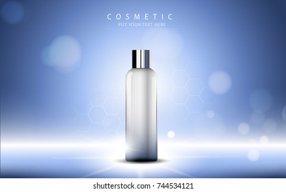 cosmetic product poster,  bottle package design with moisturizer cream or liquid, sparkling background with glitter polka, vector design.