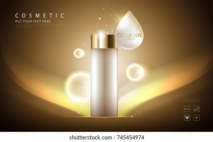 cosmetic product poster, bottle package design with collagen and moisturizer cream or liquid, sparkling background with glitter polka, vector design.