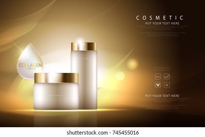 cosmetic product poster, bottle package design with collagen and moisturizer cream or liquid, sparkling background with glitter polka, vector design.
