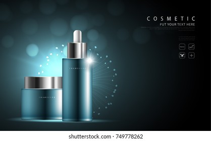 cosmetic product poster, bottle package design with collagen and moisturizer cream or liquid, sparkling background with glitter polka, vector design.