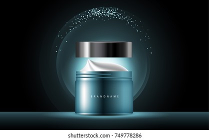 cosmetic product poster, bottle package design with collagen and moisturizer cream or liquid, sparkling background with glitter polka, vector design.