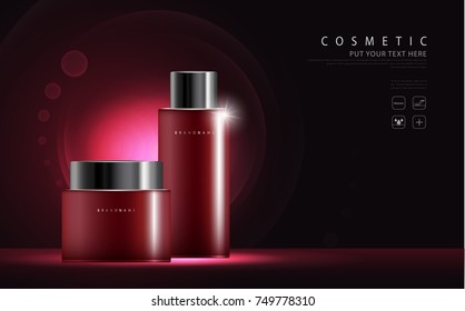 cosmetic product poster, bottle package design with collagen and moisturizer cream or liquid, sparkling background with glitter polka, vector design.