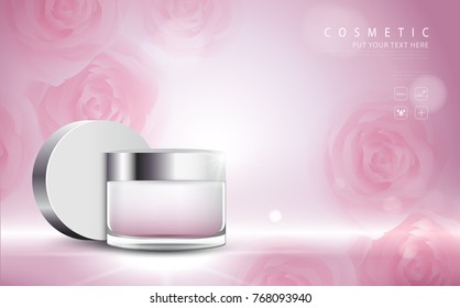 cosmetic product poster, bottle package design with moisturizer cream or liquid, sparkling background with glitter polka, vector design.