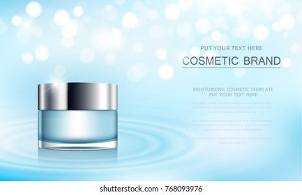 cosmetic product poster, bottle package design with moisturizer cream or liquid, sparkling background with glitter polka, vector design.