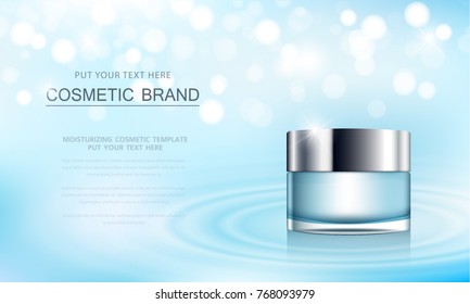 cosmetic product poster, bottle package design with moisturizer cream or liquid, sparkling background with glitter polka, vector design.