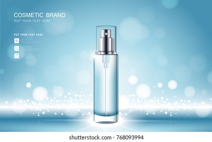 cosmetic product poster, bottle package design with moisturizer cream or liquid, sparkling background with glitter polka, vector design.