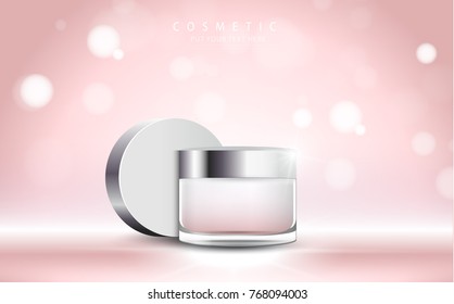 cosmetic product poster, bottle package design with moisturizer cream or liquid, sparkling background with glitter polka, vector design.