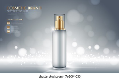 Cosmetic Product Poster, Bottle Package Design With Moisturizer Cream Or Liquid, Sparkling Background With Glitter Polka, Vector Design.