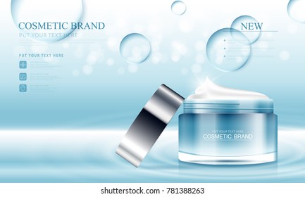 cosmetic product poster, bottle package design with moisturizer cream or liquid, sparkling background with glitter polka, vector design.