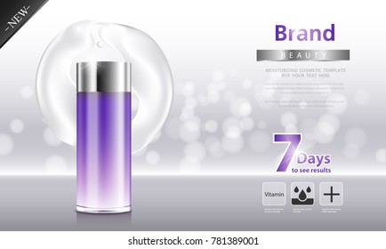 cosmetic product poster, bottle package design with moisturizer cream or liquid, sparkling background with glitter polka, vector design.