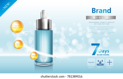 cosmetic product poster, bottle package design with moisturizer cream or liquid, sparkling background with glitter polka, vector design.