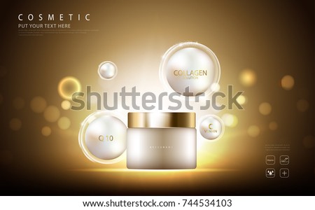 cosmetic product poster,  bottle package design with collagen cream or liquid, sparkling background with glitter polka, vector design.