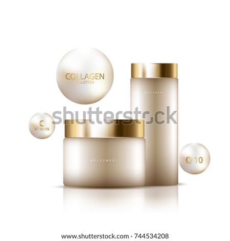 cosmetic product poster,  bottle package design with collagen cream or liquid, sparkling background with glitter polka, vector design.