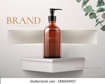 Cosmetic product poster, brown liquid bottle on a geometric stage in 3D illustration